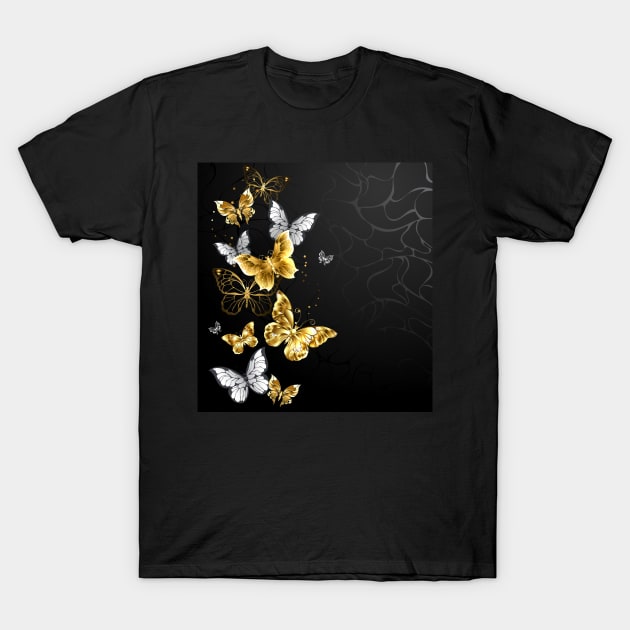 Gold and White Butterflies on black background T-Shirt by Blackmoon9